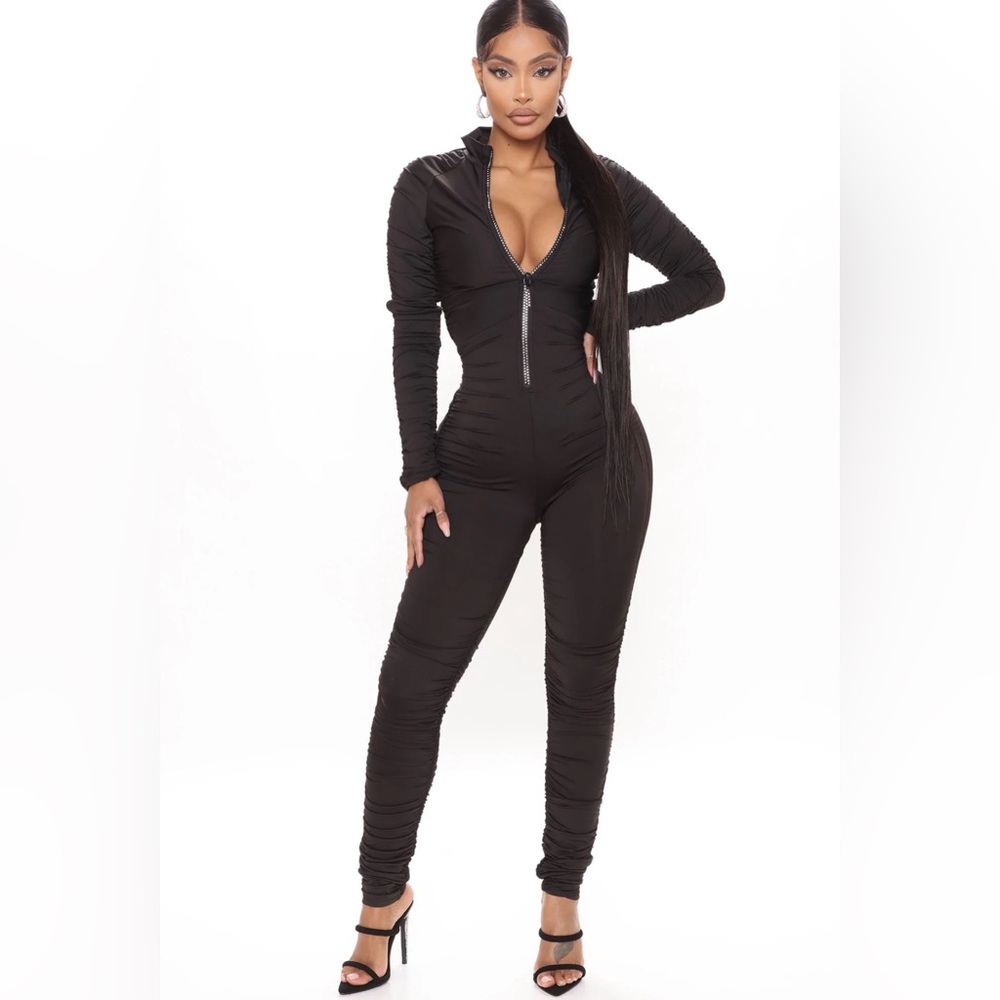 Fashion Nova In Your Dreams Rhinestone Zipper Ruched Bodysuit